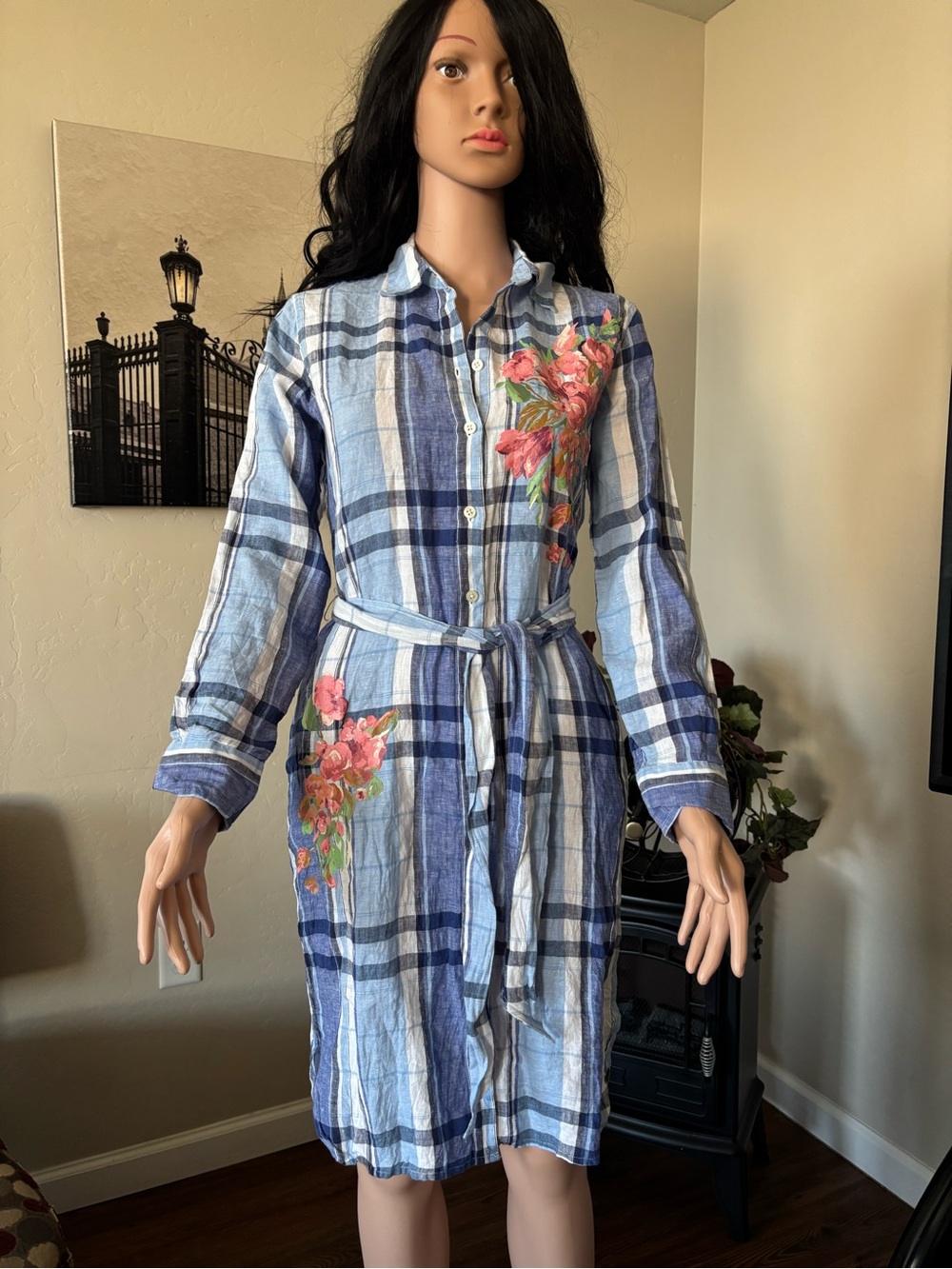 Ralph Lauren Blue Plaid Midi Shirt Dress with Pink Floral Embroidery
